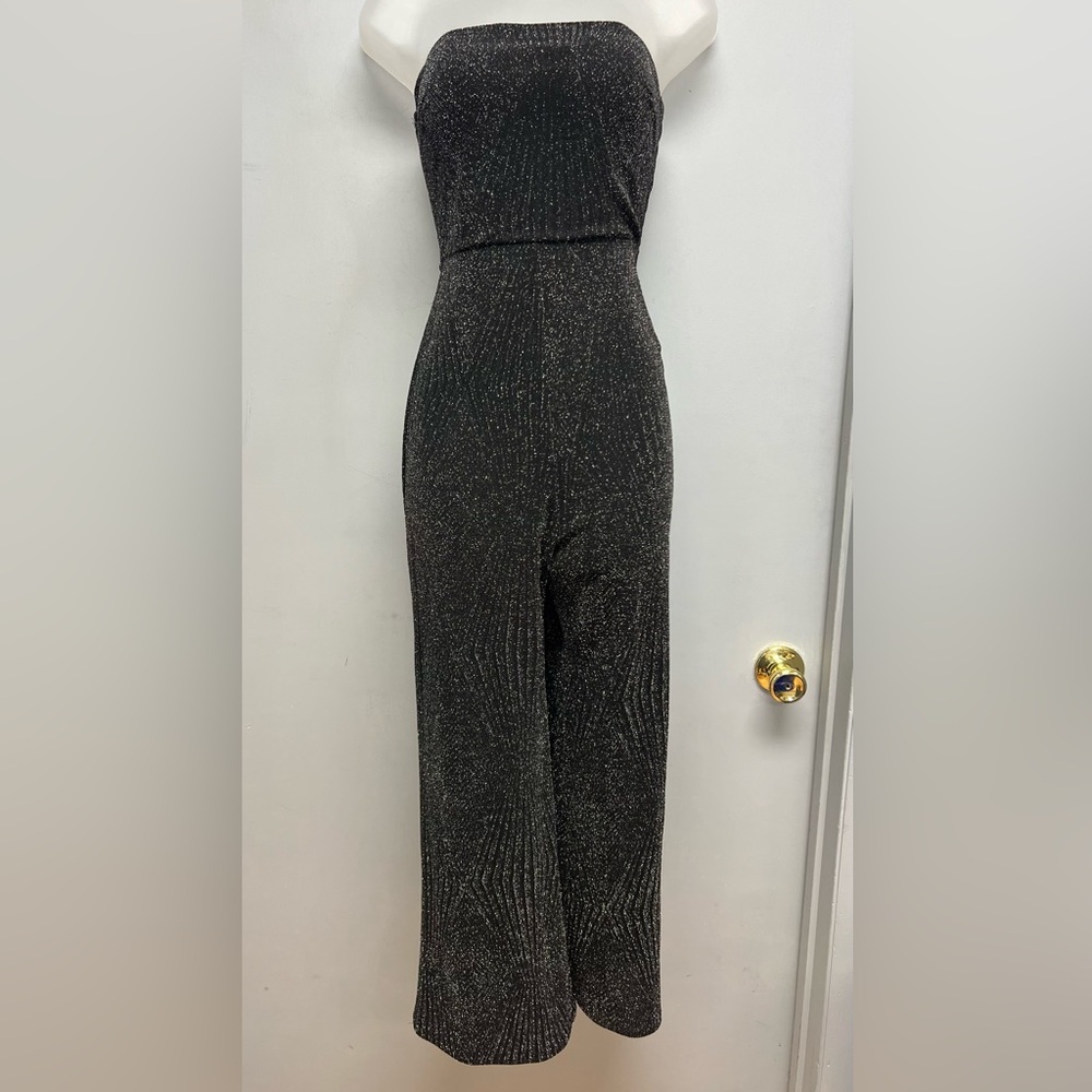 ✨ Trixxi Strapless Metallic Wide Leg Jumpsuit – Black Sparkle – Women’s Small